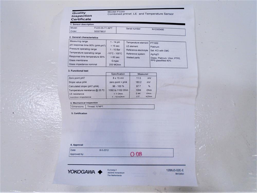Yokogawa pH/Orp Combination Sensor FU20-05-T1-NPT